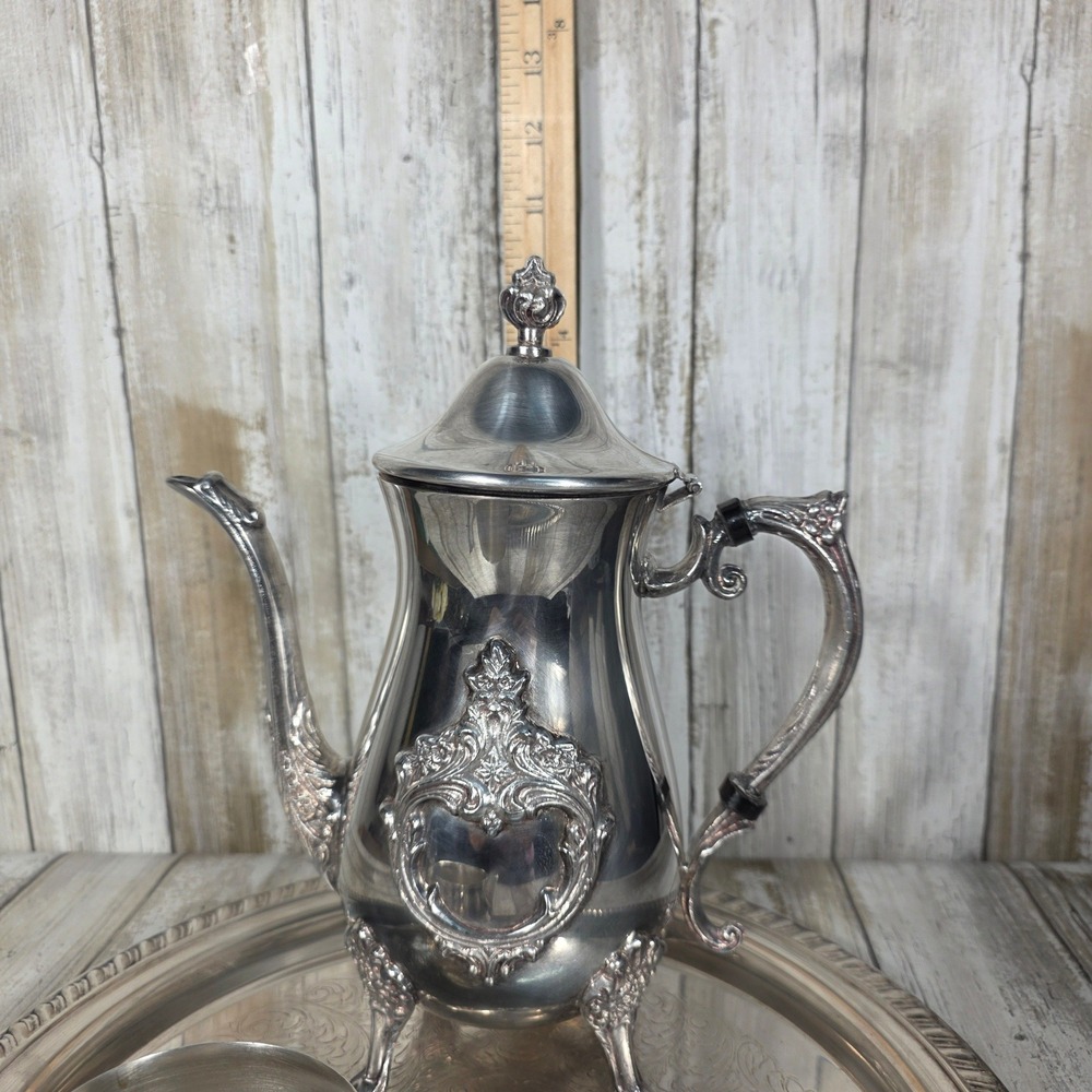 Leonard Silver Plated Tea Set 3pc Ornate Teapot Creamer and Etched Serving Tray - Picture 9 of 16